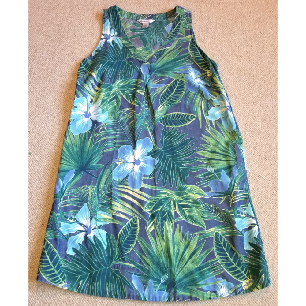 Womens Dress-TOMMY BAHAMA-blue 'Kayo Blossoms' tencel Beachy Coastal Resort-S